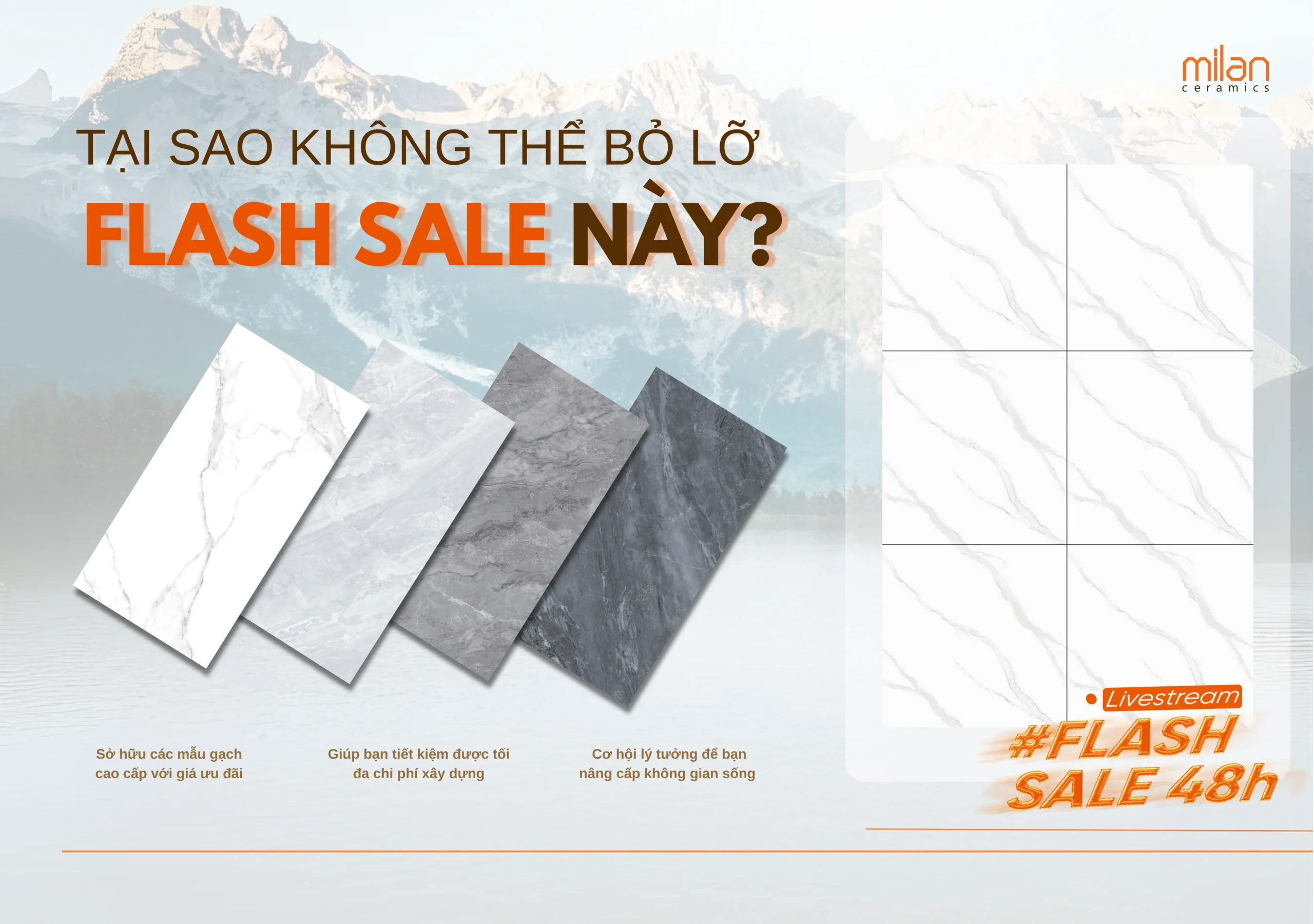 flash sale gạch ốp lát, mua gạch giá rẻ 2025, livestream Milan Ceramics, gạch ốp lát chất lượng